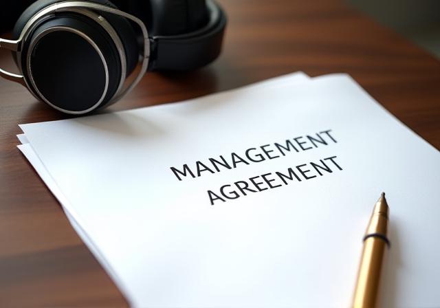 A legal contract on a wooden table next to a pair of professional headphones