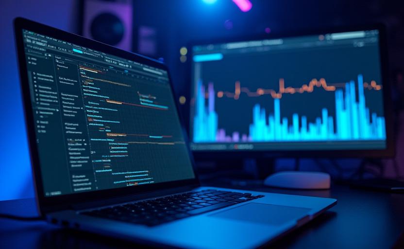 Close up of a digital audio workstation showing complex wave patterns and royalty data