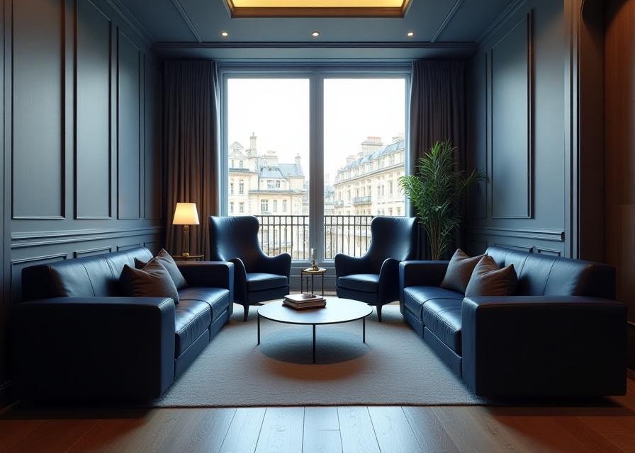 Pristine consultation room in a London legal firm with gold and navy decor